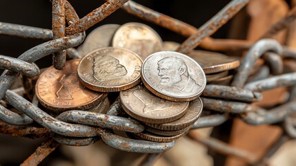 Coins trapped behind a fence labeled Tariffs, economic barriers, financial trade restrictions