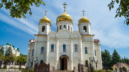 a beautiful Orthodox church. a stone temple. domes