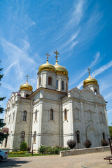 a beautiful Orthodox church. a stone temple. domes