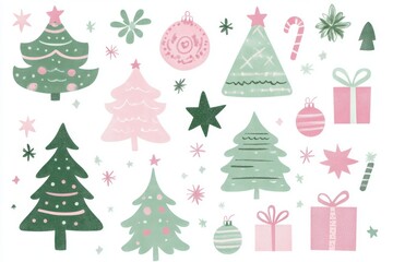 Obraz premium Set of Cute Hand-drawn Christmas Elements with Soft Pastel Colors and Simple Shapes on White Background - Vector Illustration Suitable for Holiday-themed Projects