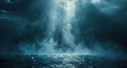 Obraz premium Bright Light Shining Down on Dark Ocean Water at Night