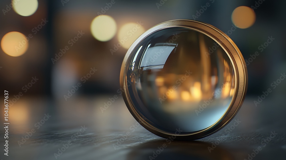 Poster a realistic close-up of a vintage camera lens, the glass reflecting soft light in a dramatic composi