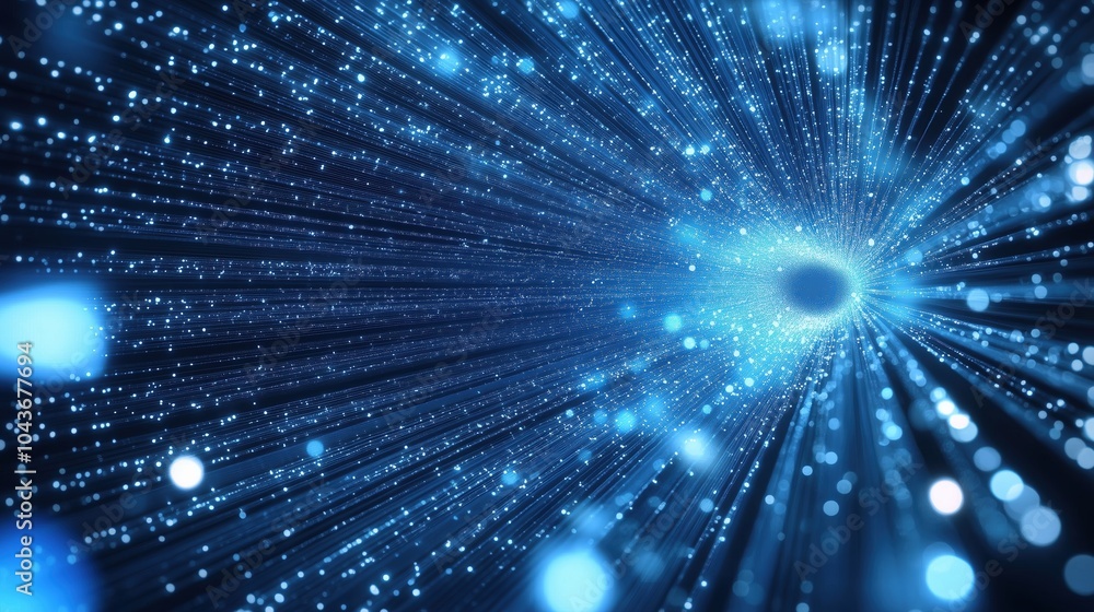Poster Abstract blue glowing light background with dynamic data transfer and technology concept, showcasing digital information flow and fast internet connection. This 3D rendered illustration features parti
