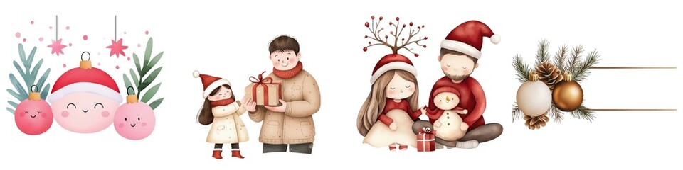 Fototapeta premium Cheerful Christmas characters with decorations, isolated on a white background.