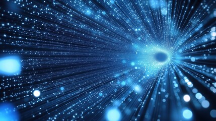 Abstract blue glowing light background with dynamic data transfer and technology concept, showcasing digital information flow and fast internet connection. This 3D rendered illustration features parti