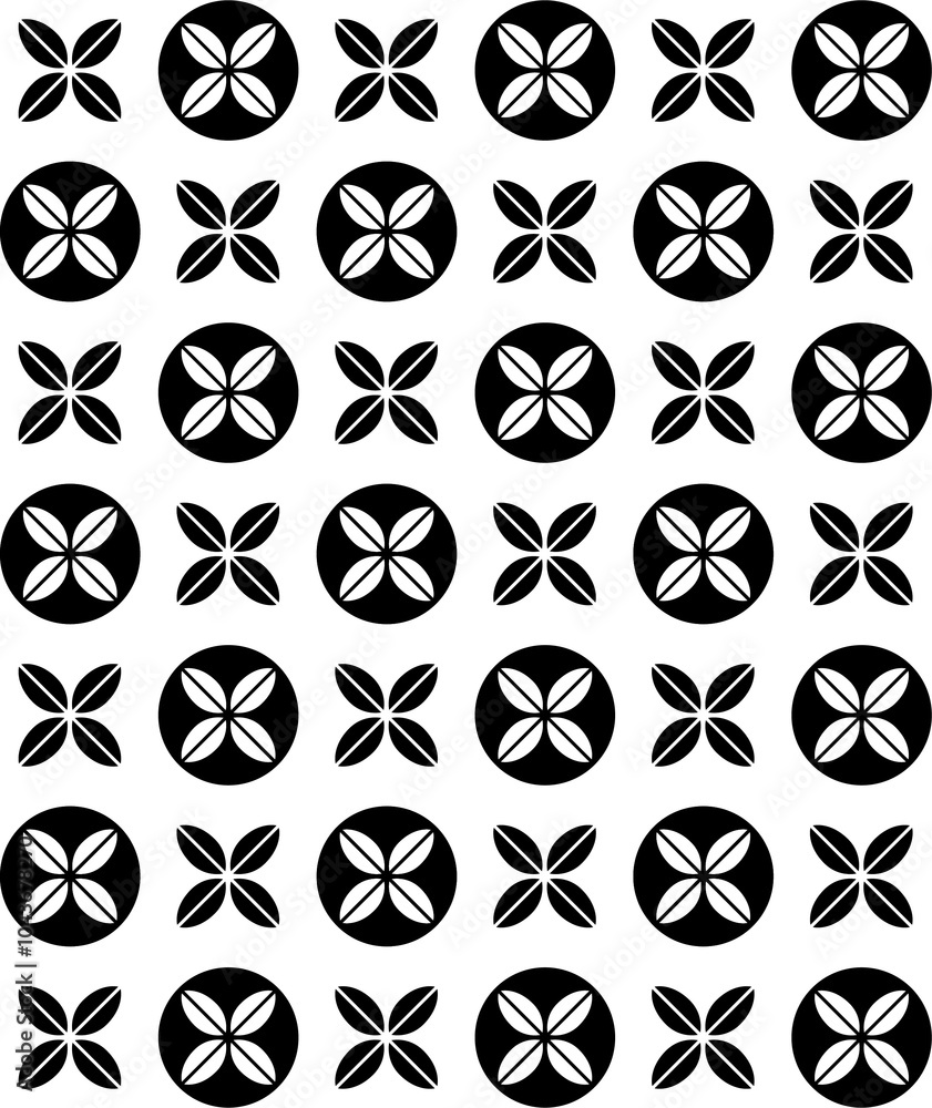 Poster seamless pattern background of black leafs arranged by four. natural abstract theme. simple flat geo