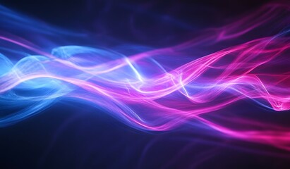 Naklejka premium Abstract background with blue and pink light streaks on a dark purple background.