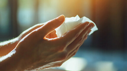 Person Wiping Hands with a Wet Tissue