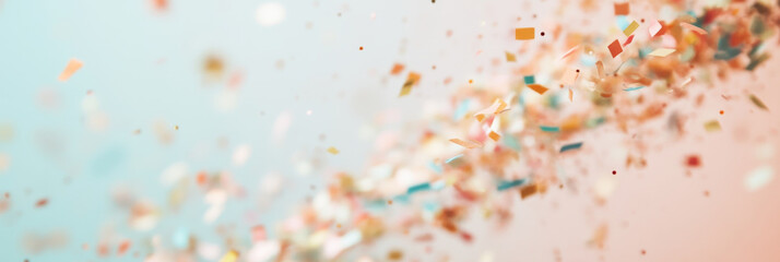Colorful confetti floats through air, creating festive and joyful atmosphere. vibrant pieces dance against soft gradient background, evoking celebration and happiness