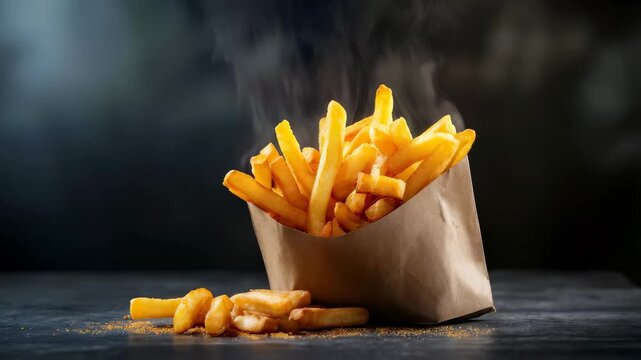 Crispy golden French fries served in paper bag, emitting steam and showcasing their deliciousness, make perfect hot snack and irresistible side dish for any fast food craving.