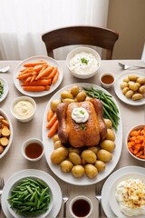 A Thanksgiving dinner spread featuring a roasted chicken, potatoes, carrots, green beans, and other side dishes.