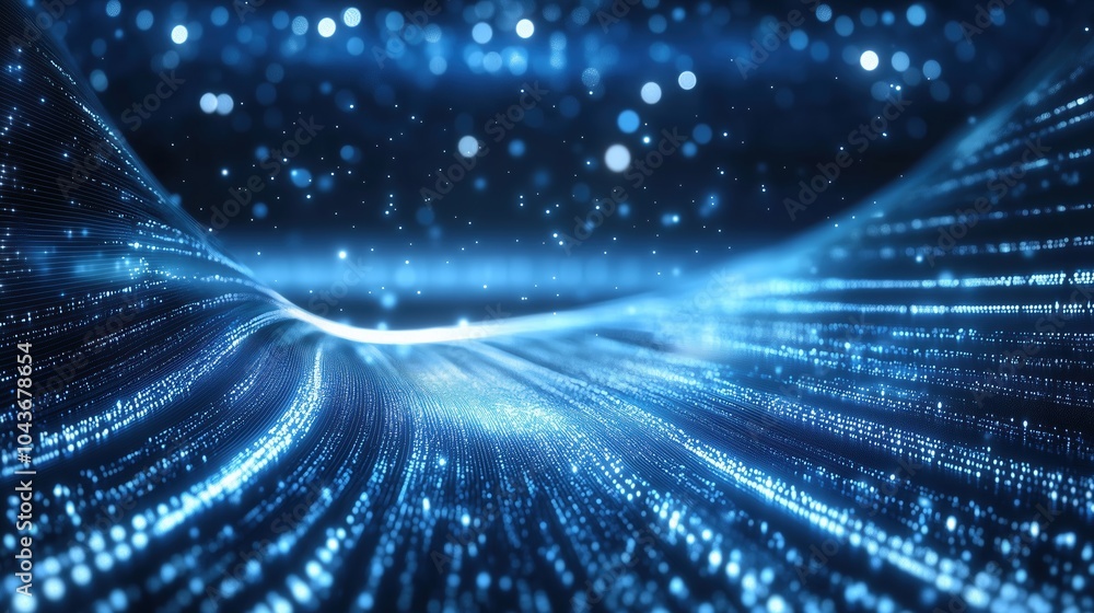 Poster Abstract blue glowing light background with dynamic data transfer and technology concept, showcasing digital information flow and fast internet connection. This 3D rendered illustration features parti