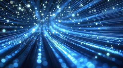Abstract blue glowing light background with dynamic data transfer and technology concept, showcasing digital information flow and fast internet connection. This 3D rendered illustration features parti
