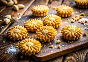 Fototapeta premium Beautiful Chrysanthemum Shaped Cookies on Wooden Board