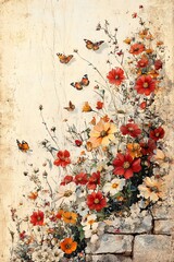A vibrant floral display with butterflies in a rustic setting celebrating nature's beauty and colorful diversity