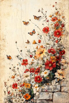 A vibrant floral display with butterflies in a rustic setting celebrating nature's beauty and colorful diversity