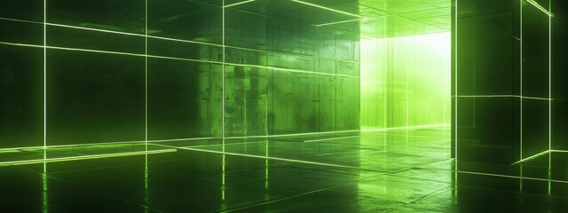 Obraz premium Luminous Lime Lines on Dark Sci-Fi Wall, Intricate Patterns, Textured Surface, Futuristic Aesthetic, Ambient Glow