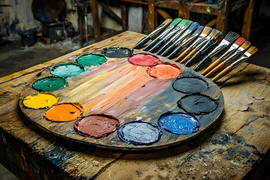 Creative color palette with paint brushes in an artist's studio