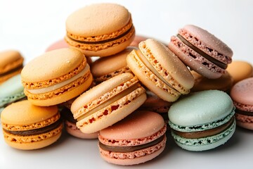 Obraz premium Colorful macarons piled together on a white background