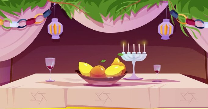 Happy Jewish Holiday Sukkot. Moving festive banner with arava, lulav, estrog, fruits and wine on decorated table. Greeting card for celebrate traditional Israeli holiday. Cartoon animated graphics