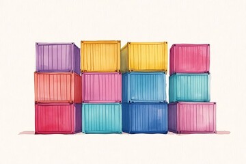 Obraz premium Watercolor Illustration of Colorful Shipping Containers.