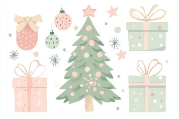 Christmas Elements Clipart Set with Tree, Presents, and Decorations in Pastel Green, Pink, and Beige on White Background - Flat Design Vector Art