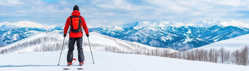 Obraz premium Wide-angle shot of snowboarder balancing atop a snow-covered ridge, vast landscape behind, snowboarding board balance, Mastery and freedom in extreme sports