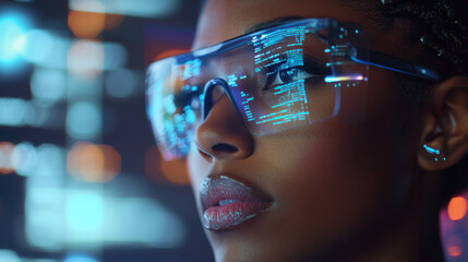 African american young woman IT specialist analysing futuristic holographic data information