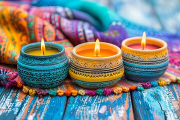 Three beautifully crafted candles with different designs are lit, placed on a colorful textile. The warm glow adds a cozy ambiance to the space, highlighting the intricate patterns and textures.