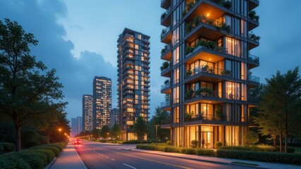 Obraz premium Illuminated Eco-Friendly Skyscrapers: A Glimpse of Sustainable Urban Living