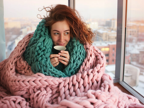 Young woman wrapped wrapped in a thick cozy knit blanket with cup of hot drink near window. Lazy morning. Winter atmosphere