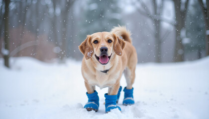 Golden retriever in blue snowshoes on all four paws to protect against cold winter weather stands against snowy forest background, looking at camera. Winter fun with animals.