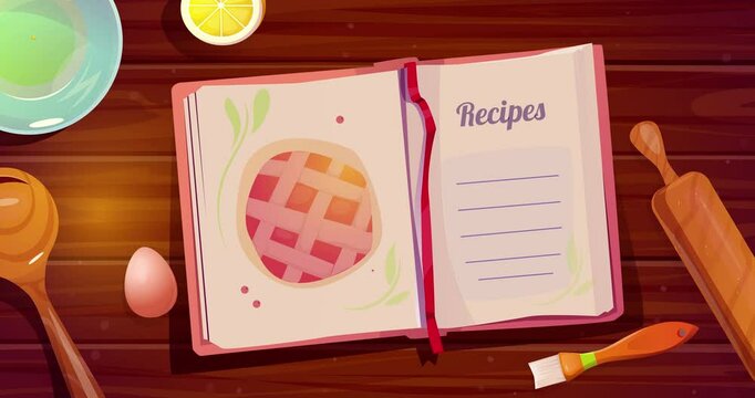 Kitchen table with recipe book. Moving banner with book and ingredients for charlotte or apple pie lying on wooden table. Cooking and baking pastry. Cartoon flat animated graphics