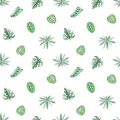 Watercolor pattern with cartoon green palm leaves. Hand drawn children seamless tropical background. Childish botanical design wallpaper. Simple design forest nature for baby textile.