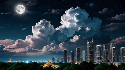 beautiful night view with a big moon in the city of dreams/fairy tales