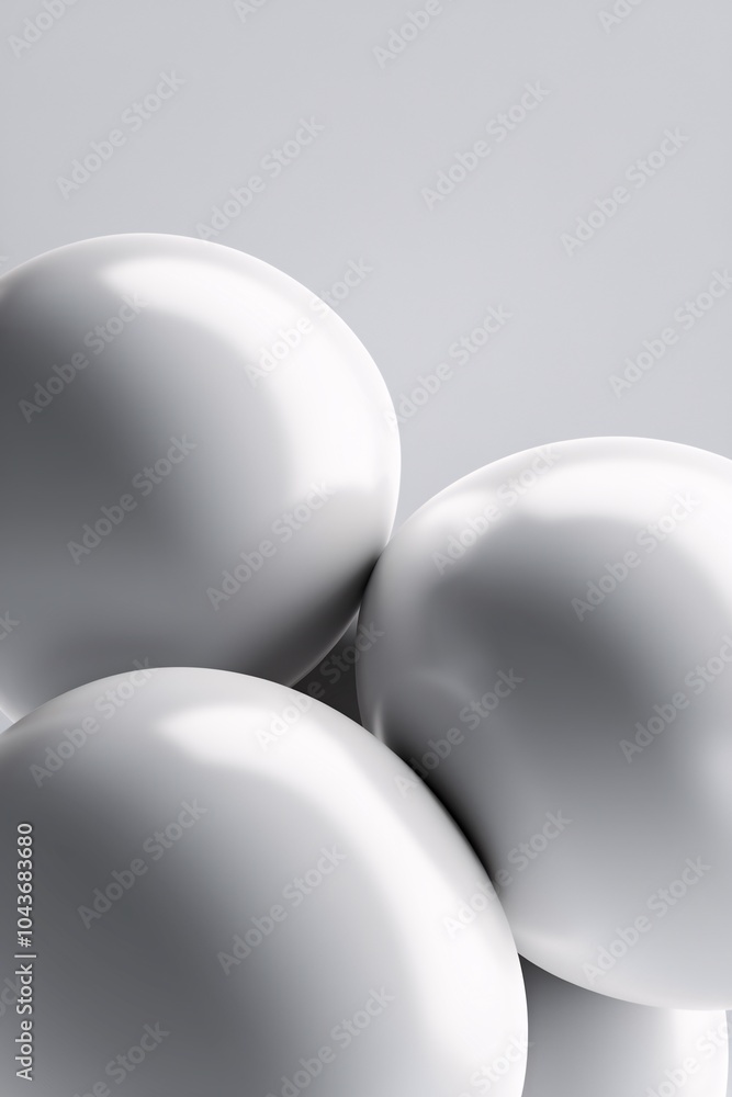 Poster abstract sphere composition: minimalist elegance with a cluster of smooth white spheres, their refle