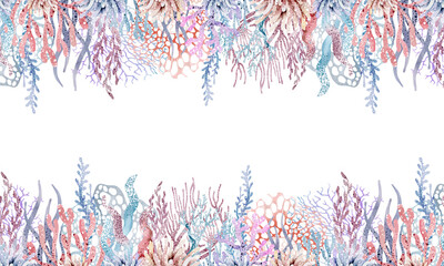 Seaweed banner Watercolor underwater board. Hand drawn cartoon marine background for design for undersea card. Celebration panoramic framework for cards for kid holiday. © Elena