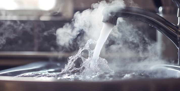 Close-up of running water from a faucet in a kitchen sink, with steam and smoke.
