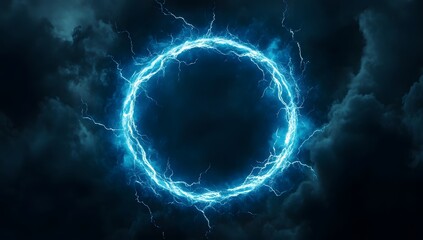Lightning thundercloud ring frame with blue electric light effect on a black background, an energy concept, a glowing circle.