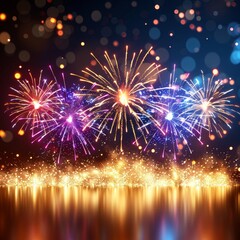 Obraz premium Bright fireworks burst in vibrant colors against a dark sky, creating a dazzling display during a nighttime celebration. The atmosphere is filled with excitement and joy as onlookers enjoy the show.