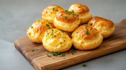 Golden Gougeres on Wooden Board
