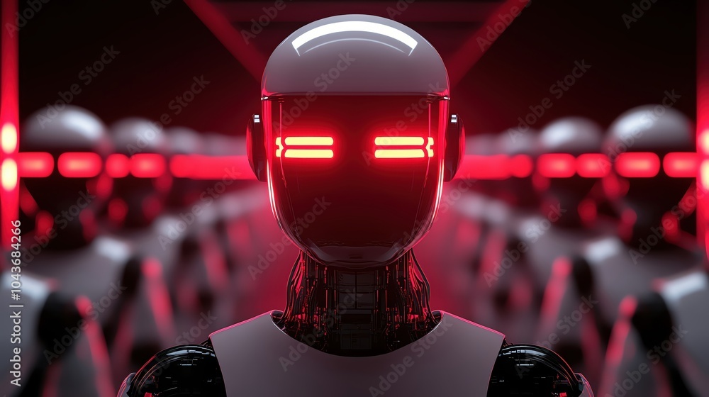 Poster hightech robots in a sterile lab environment, their metallic heads glowing with futuristic red light