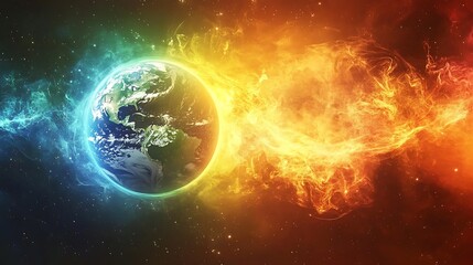 Obraz premium A vibrant Earth surrounded by swirling space dust and glowing light patterns