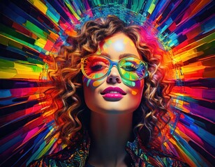 psychedelic portrait of a woman with bright colorful rainbow colored hairstyle