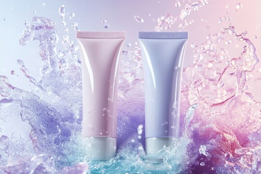 Two package beauty cosmetic tube pastel violet purple coral, pink mockup splash