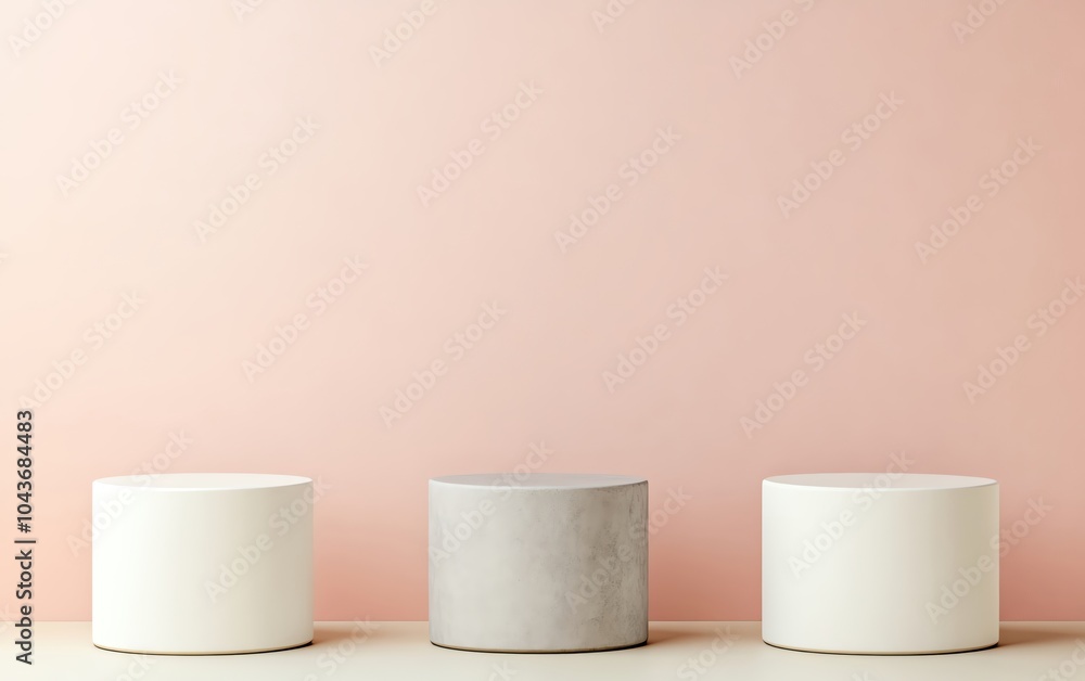 Poster contemporary display scene with cylindrical podiums in soft pastel tones, surrounded by a gentle gra