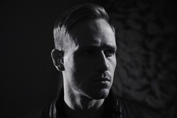 Obraz premium Intriguing Gaze: Black and white portrait of a man with a determined expression, his gaze piercing through the shadows. His thoughtful eyes hold a story, inviting viewers to delve into his world.
