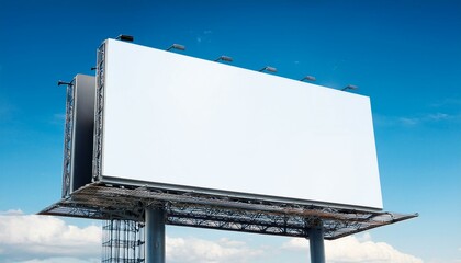 Close up of blank white mock up billboard on blue sky background. Commercial and ad concept. 3D Rendering.