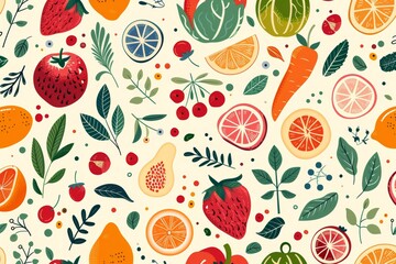 Colorful fruit and vegetable pattern with citrus and berries