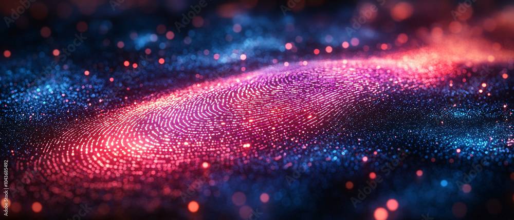 Poster abstract fingerprint pattern of glowing particles in purple and blue, abstract fingerprint pattern o